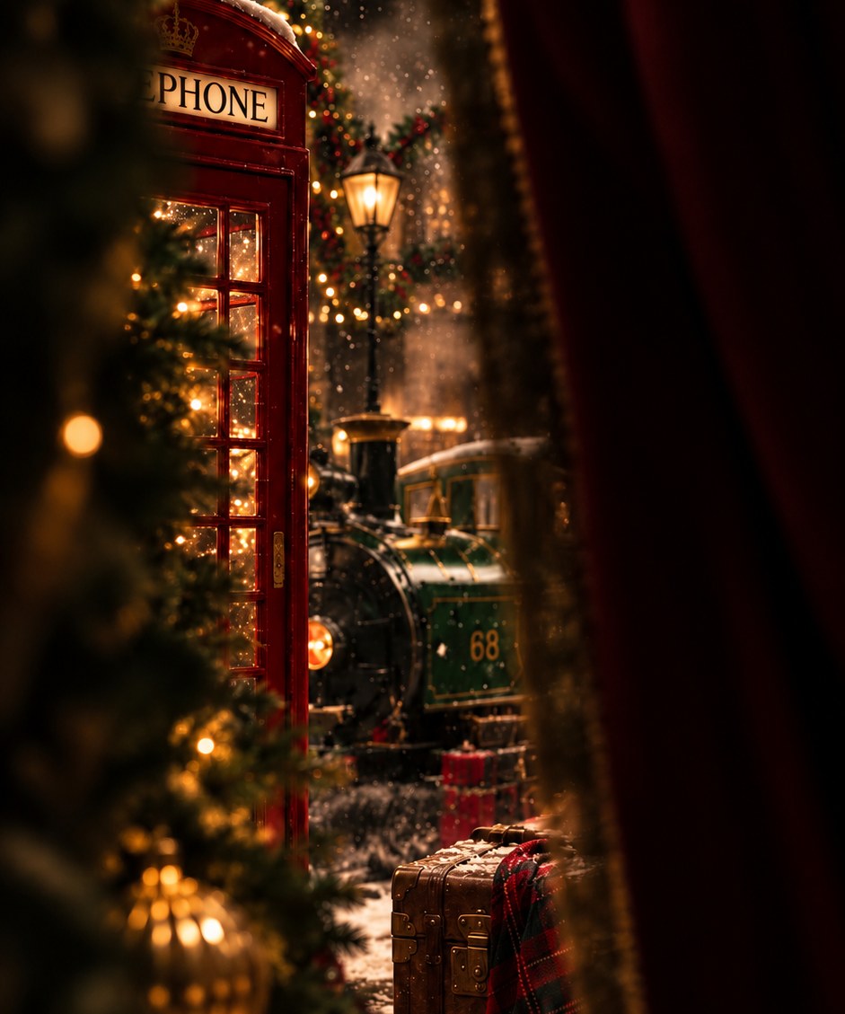 Siempre Christmas 2026 set inspiration: red telephone box and vintage train framed by a velvet curtain
