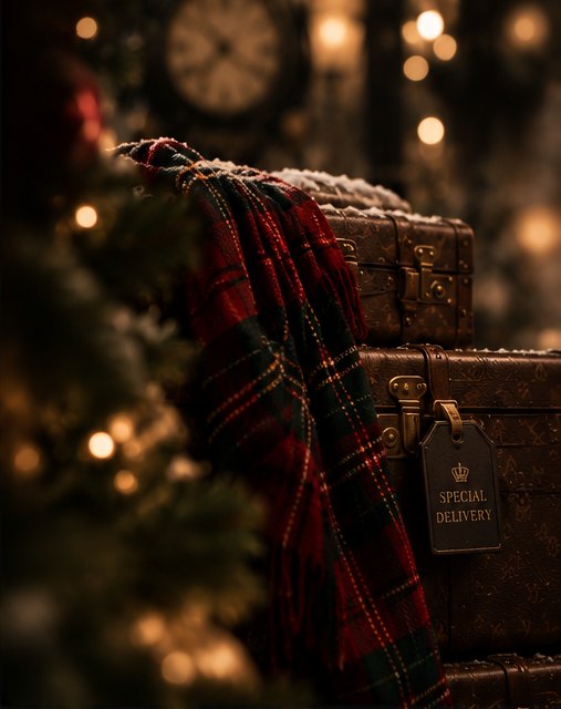 Siempre Christmas 2026 set inspiration: vintage suitcases with a tartan throw
